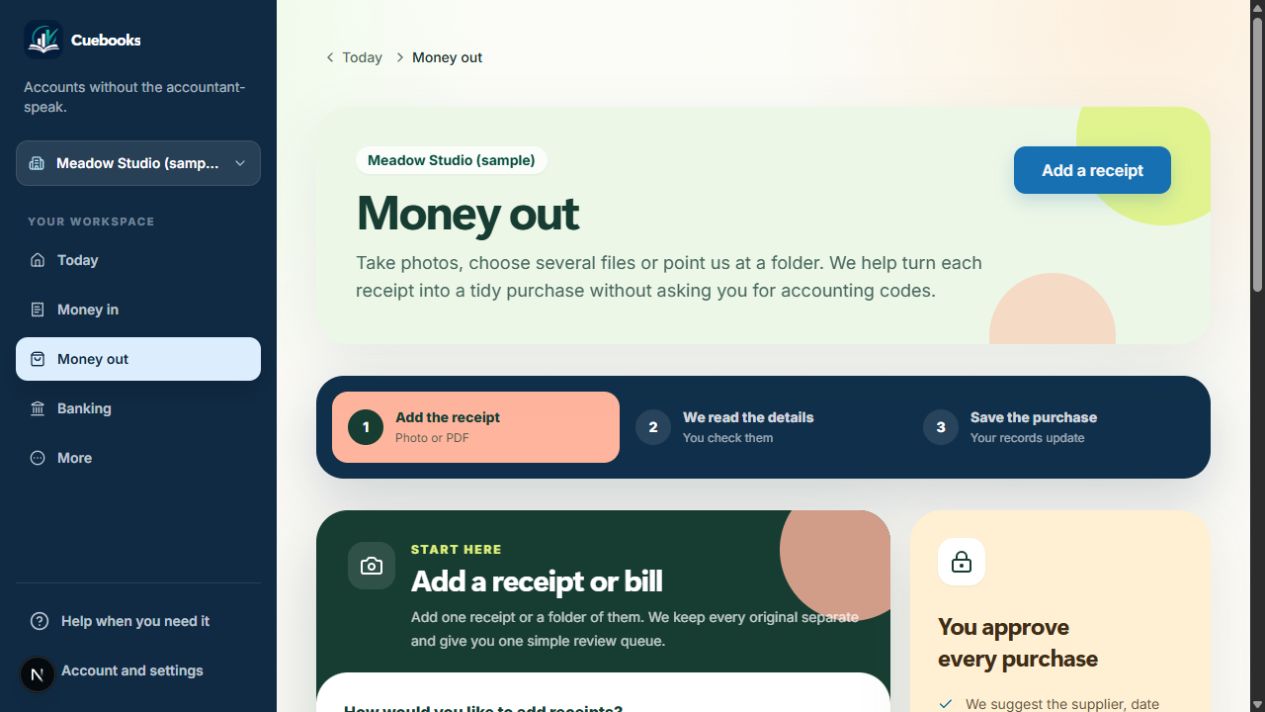The actual receipt uploader, with Take a photo, Choose saved files and Choose a folder options.